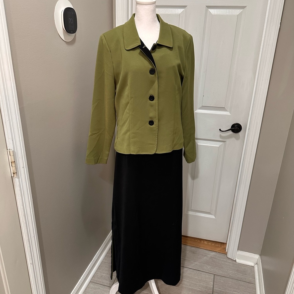 Olive Green Jacket with Black Skirt Set
